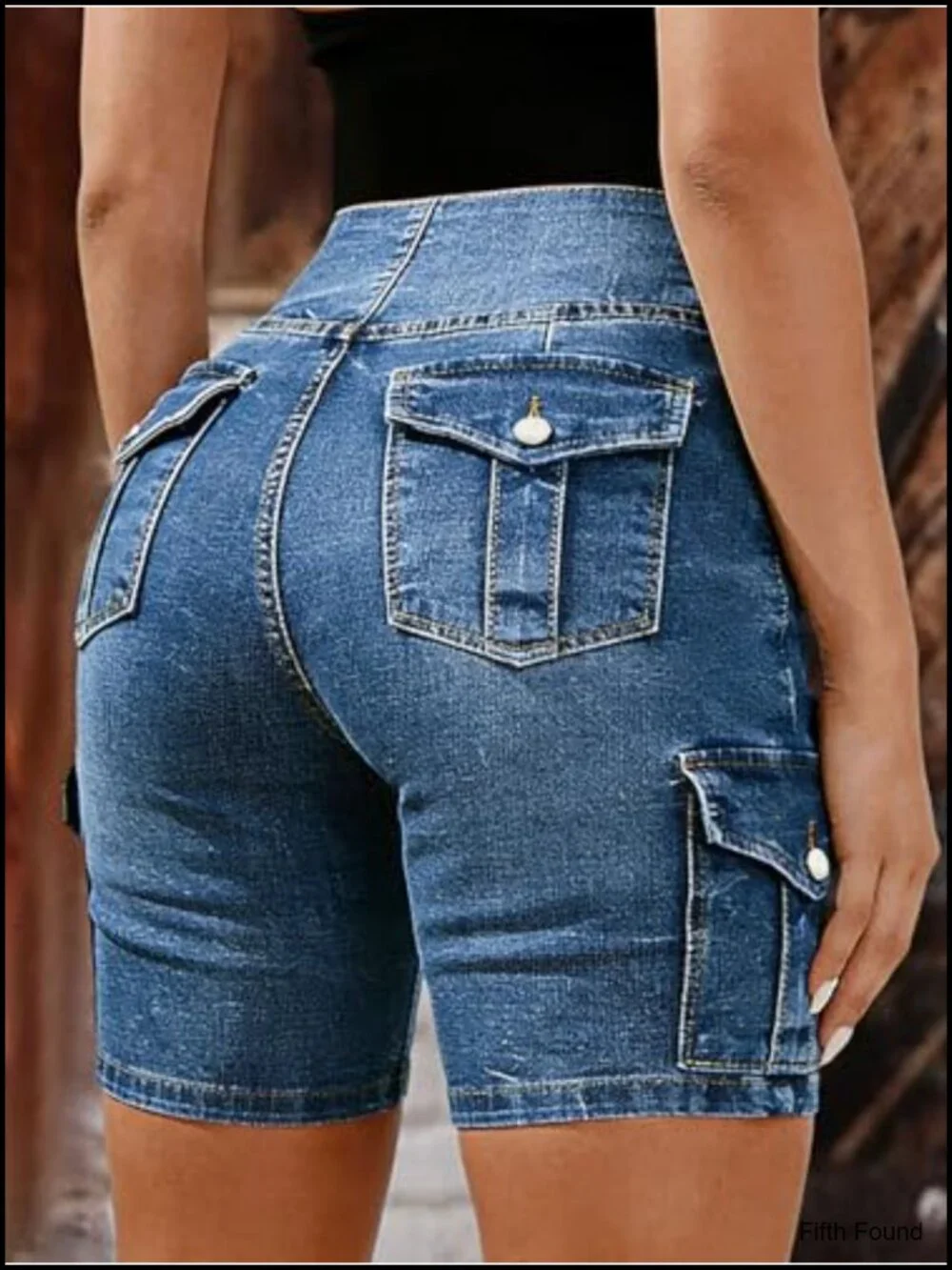 Mid Waist Denim Cargo Shorts with Flap Pockets Elastic Back